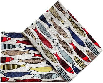 JOWOLLINA lot de 2 torchons gourmands 44x68 cm demi lin stonewash imprimé sardines colorées 2