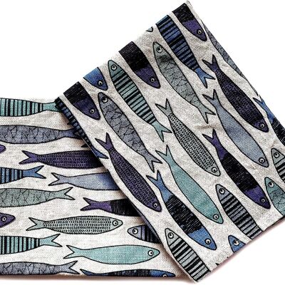 JOWOLLINA set of 2 gourmet tea towels 44x68 cm half linen stonewashed printed sardine blue