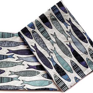 JOWOLLINA lot de 2 torchons gourmands 44x68 cm demi lin stonewash imprimé bleu sardine