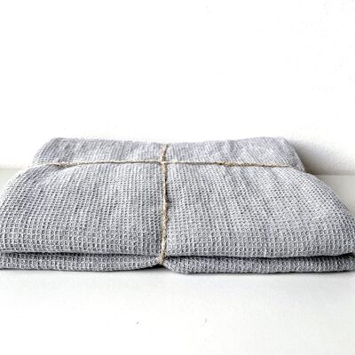Drap de douche piqué gaufré fin drap de bain lin stonewashed, gris - 100 x 160 cm
