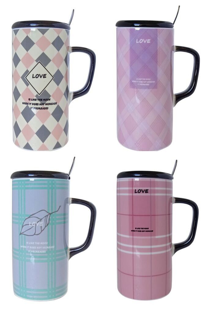 Ceramic mug with lid and spoon with pastel colors in 4 designs. Dimension: 10x13cm TM-908