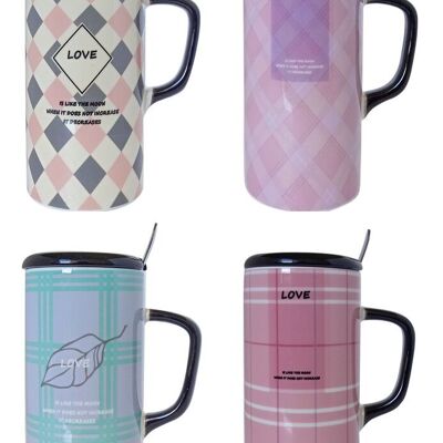 Ceramic mug with lid and spoon with pastel colors in 4 designs. Dimension: 10x13cm TM-908