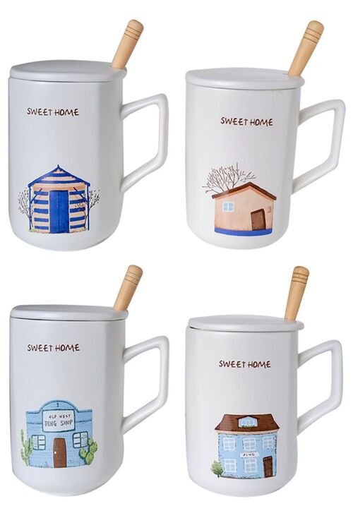 Coffee mug home sweet home with lid and spoon in box