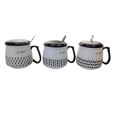 Mug en céramique avec couvercle et cuillère avec formes géométriques en boîte