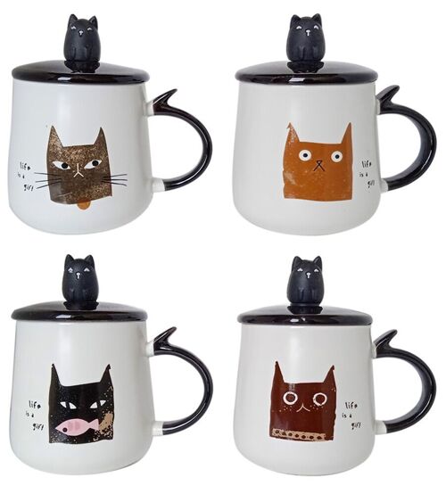Ceramic mug with lid in 4 different color - designs with a cat and the moto IN BOX TM-903