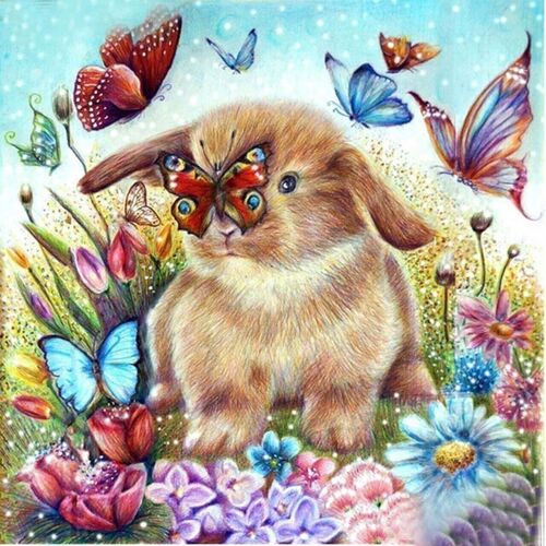 Diamond Painting Bunny and Butterflies, 40x40 cm, Round Drills