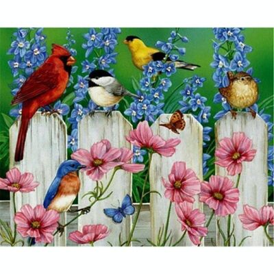 Diamante pintura pájaros en una valla, 40x32 cm, taladros redondos