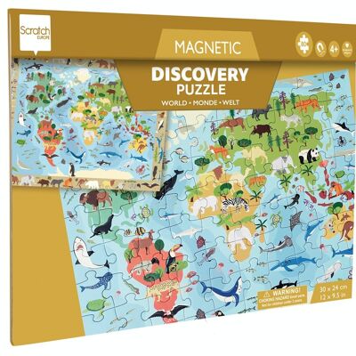 Scratch Puzzle Magnétique: DISCOVERY - LE MONDE 80pcs 24,5x30,5cm (plié), 52,3x30,5cm (déplié), 2-en-1: puzzle et jeu de recherche, 4+