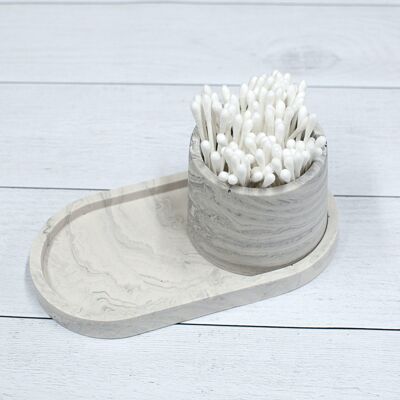 Light marble effect tray + cotton swab holder