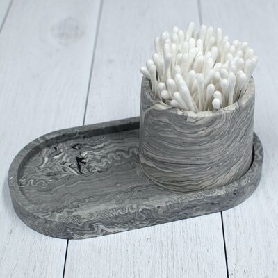 Tray + range of cotton swabs with dark gray marble effect