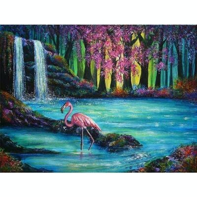Peinture au diamant Flamant rose dans le lac, 40x50 cm, Forets carrés