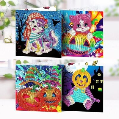 Tarjetas de Halloween con pintura de diamantes, 4 piezas, taladros redondos