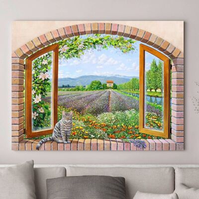 Trompe-l'oeil-Bild, Druck auf Leinwand: Andrea Del Missier, Fenster auf die provenzalische Landschaft