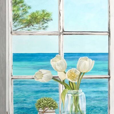 Trompe-l'oeil painting on canvas: Remy Dellal, Window on the Mediterranean Sea