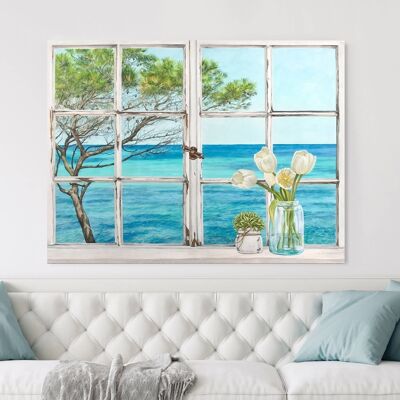 Peinture en trompe-l'oeil, impression sur toile : Remy Dellal, Fenêtre surplombant la mer Méditerranée