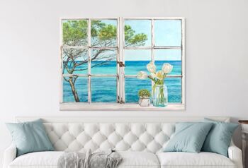 Peinture en trompe-l'oeil, impression sur toile : Remy Dellal, Fenêtre surplombant la mer Méditerranée 1