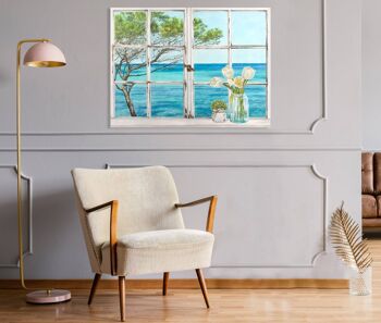 Peinture en trompe-l'oeil, impression sur toile : Remy Dellal, Fenêtre surplombant la mer Méditerranée 3