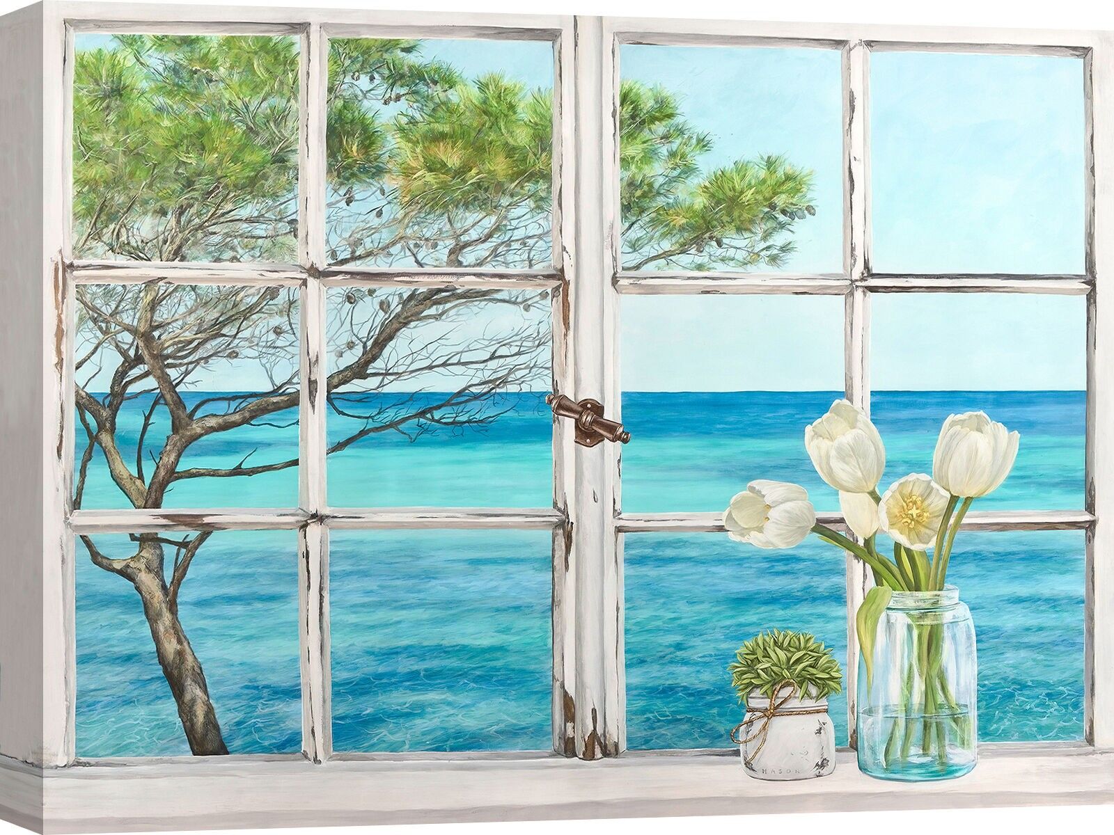 Quadro Trompe-l'oeil, stampa su tela: Remy Dellal, Finestra con vista sul Mar Mediterraneo