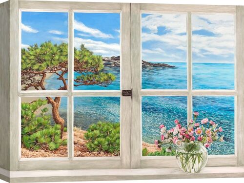 Quadro Trompe-l'oeil su tela: Remy Dellal, Finestra su una baia mediterranea