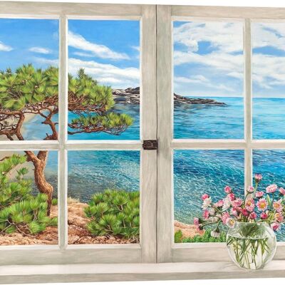 Peinture en trompe-l'oeil sur toile : Rémy Dellal, Fenêtre sur une baie méditerranéenne