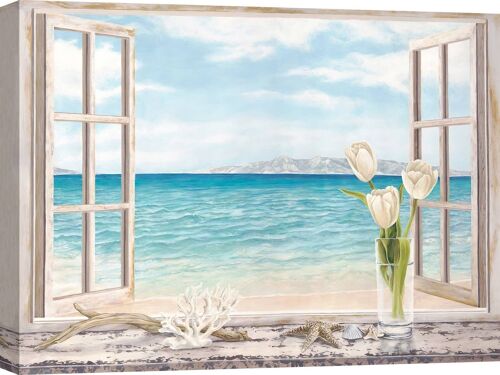 Quadro Trompe-l'oeil su tela: Remy Dellal, Finestra con vista sull'oceano