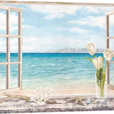 Peinture en trompe-l'oeil sur toile : Rémy Dellal, Fenêtre donnant sur l'océan