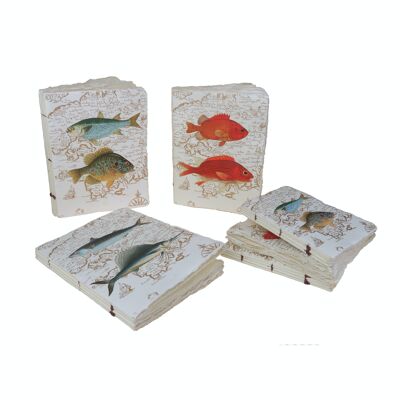 Parchment paper notebook, colorful fish pattern on old map background