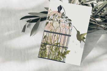 Carte postale fleurs en cage à oiseaux avec colibri, certifié FSC 2