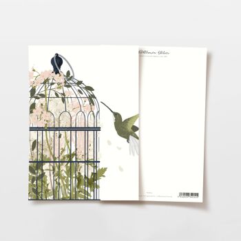 Carte postale fleurs en cage à oiseaux avec colibri, certifié FSC 1