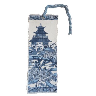 Marque page en papier parchemin, motif japonisant bleu et gris