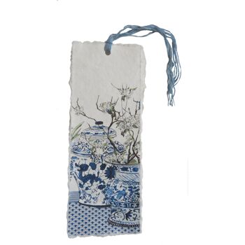 Marque page en papier parchemin, motif japonisant bleu et gris 2