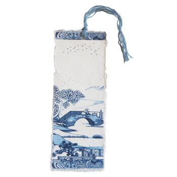 Marque page en papier parchemin, motif japonisant bleu et gris 3