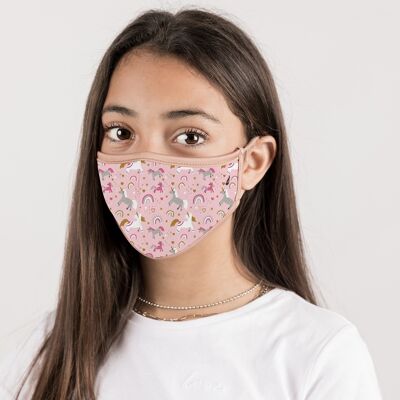 Wiederverwendbare Stoffmaske für Kinder – Rosa Einhörner