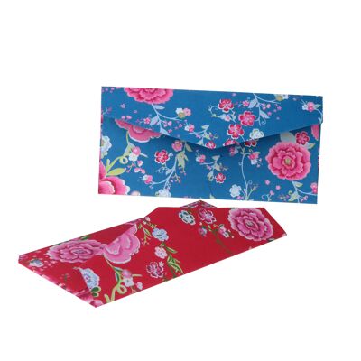 Craft paper envelope with Japanese peony pattern, red and blue