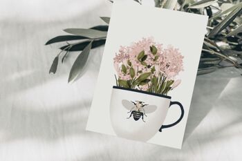 Mug carte postale avec fleurs roses et abeille, certifié FSC 2