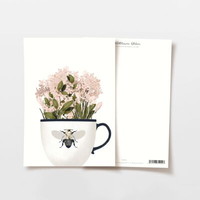 Taza postal con flores rosas y abeja, certificada FSC
