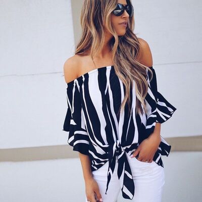 Damen Sexy Striped Print Off-Shoulder Flared Sleeve Top