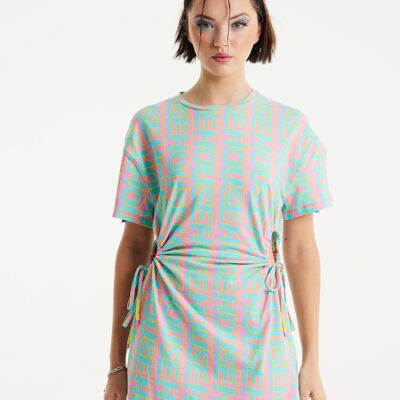 House Of Holland Logo Printed Mini Jersey Dress with Cut Out Details and Short Sleeves