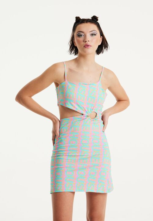 House Of Holland Logo Printed Jersey Mini Dress in Blue and Pink