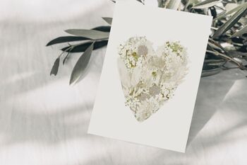 Carte postale coeur fleurs séchées blanc/beige, certifié FSC 2