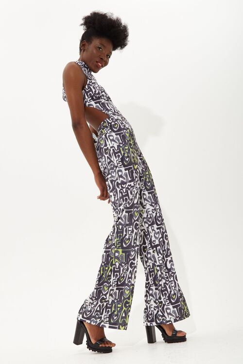 House Of Holland Abstract Print High Neck Jumpsuit With A Cut Out Back With Neon Zip And Buckle Detailing