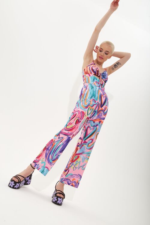 House of Holland multi coloured heart print flared leg jumpsuit with chain straps