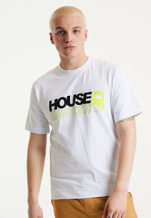 House of Holland Unisex White Laser Cut Transfer Print T-shirt With Metallic And Neon Foil