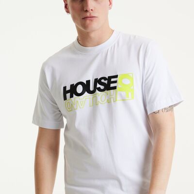 House of Holland - T-shirt unisexe blanc imprimé par transfert découpé au laser avec métallisé et fluo