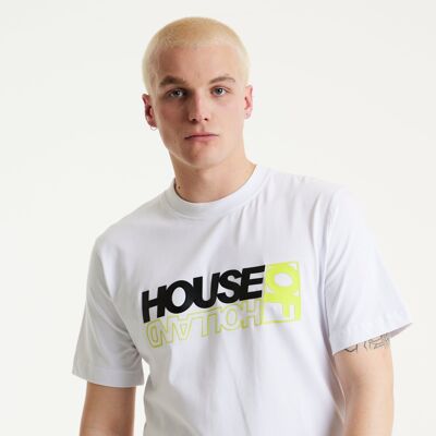 House of Holland Unisex White Laser Cut Transfer Print T-shirt With Metallic And Neon Foil