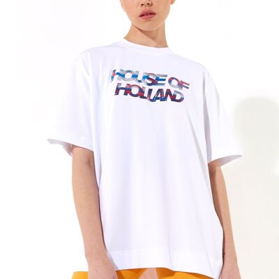 Weißes Unisex-T-Shirt von House of Holland mit irisierendem Transferdruck