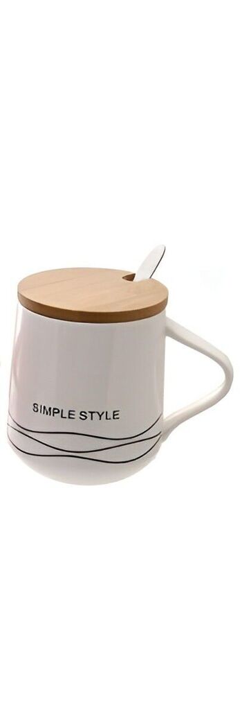 Mug en céramique avec couvercle en bois et cuillère avec STYLE SIMPLE dans une boîte