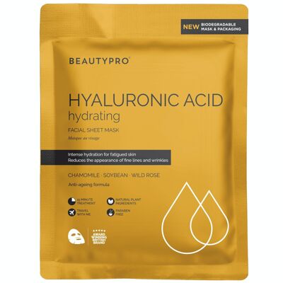BEAUTYPRO HYALURONIC ACID Masque hydratant en feuille - 100% biodégradable, végétalien, respectueux de l'environnement