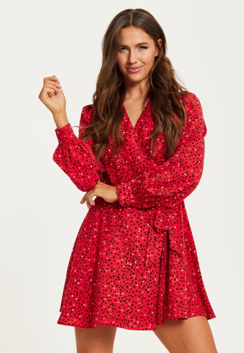 Liquorish Heart Print Mini Wrap Dress with Long Sleeves in Red