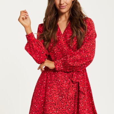 Liquorish Heart Print Mini Wrap Dress with Long Sleeves in Red